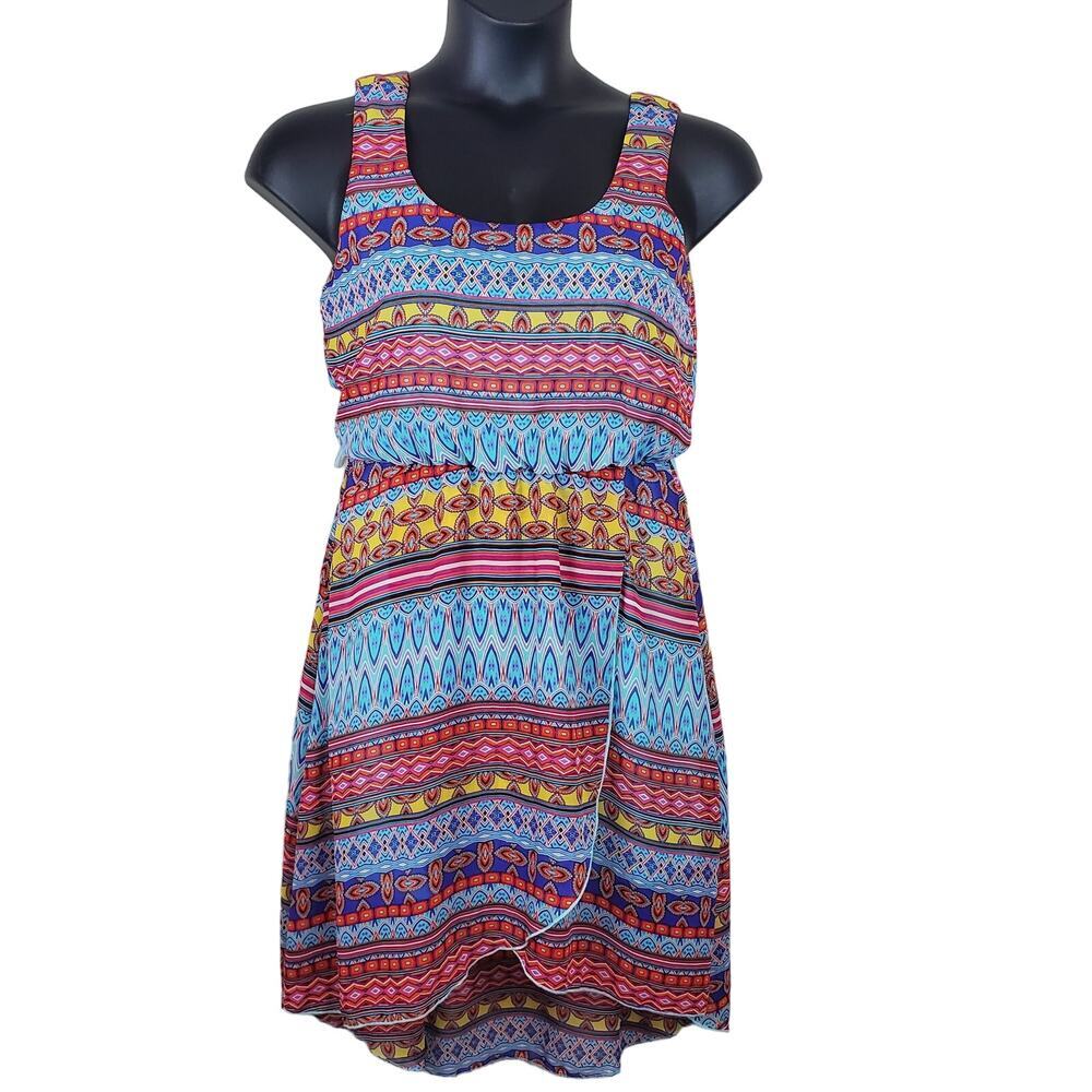 LOVE REIGN | Abstract Print Striped Faux Wrap Tank Mini Dress | Medium